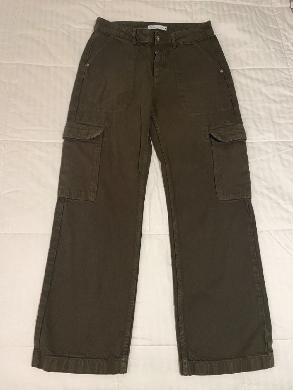 Zara Army Olive Green Cargo Utility Jeans Size 8 High Rise Multi-Pocket EUC